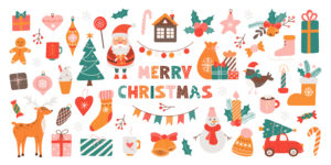 Big Christmas set of festive symbols and design elements. Cute flat illustration in hand drawn style on white background.
