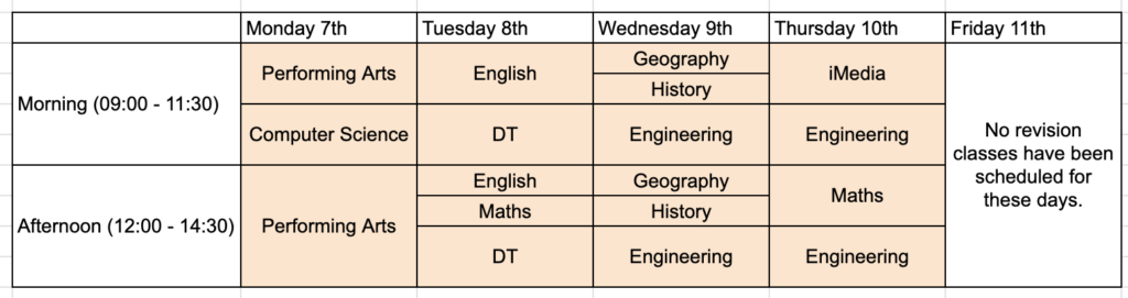 Year 11 Easter revision schedule