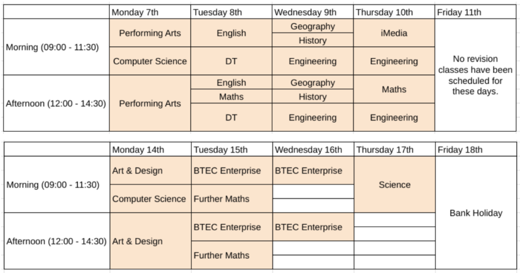Year 11 timetable