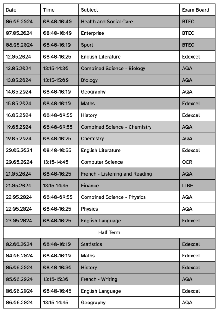 Year 11 summer exams timetable
